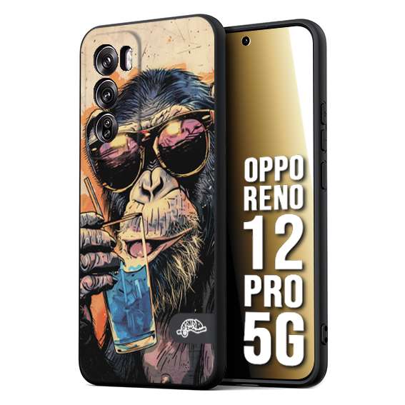 CUSTOMIZZA - Custodia cover nera morbida in tpu compatibile per Oppo Reno 12 PRO 5G estate disegnata cocktails animali simpatici scimmia monkey negroni