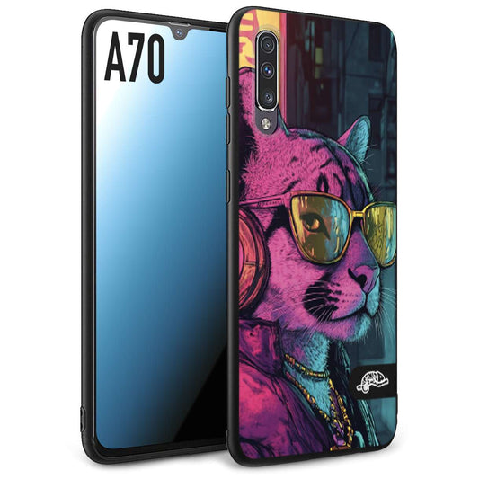 CUSTOMIZZA - Custodia cover nera morbida in tpu compatibile per Samsung A70 animali cyberpunk pantera street cat fucsia blu giallo
