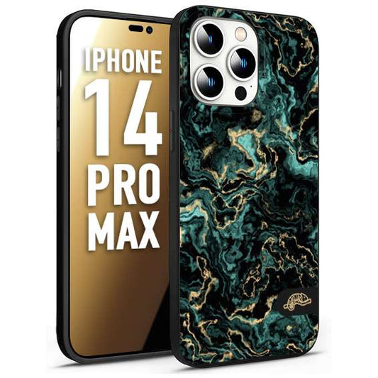 CUSTOMIZZA - Custodia cover nera morbida in tpu compatibile per iPhone 14 PRO MAX effetto marmo marble verde green venature dorato pietra