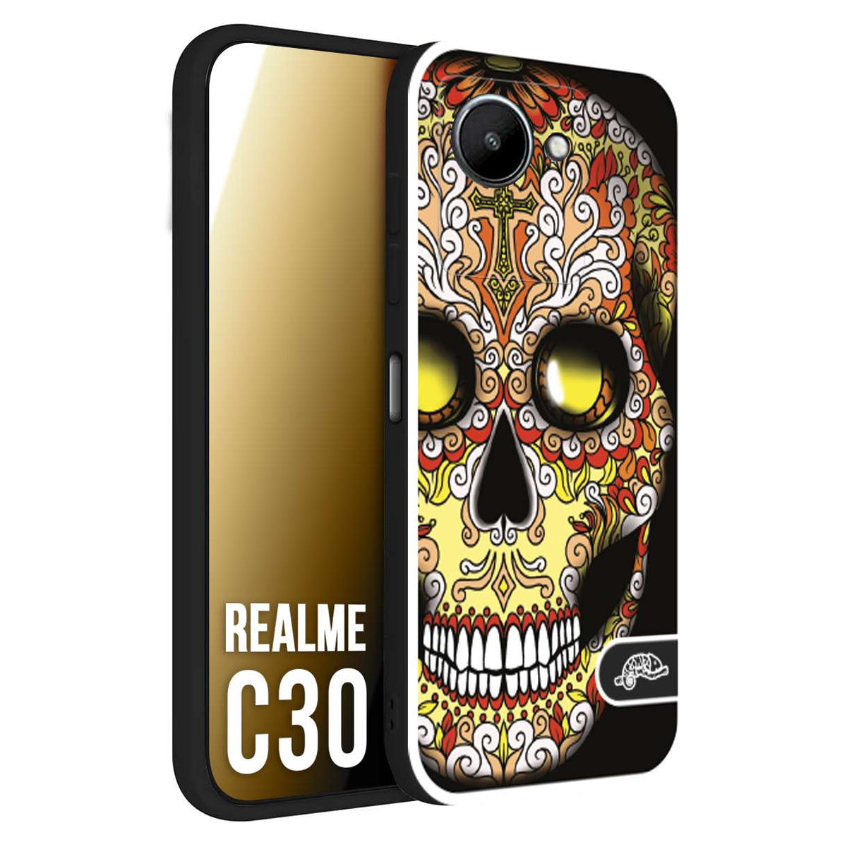 CUSTOMIZZA - Custodia cover nera morbida in tpu compatibile per Realme C30 teschio messicano Mexican skull giallo rosso arancio