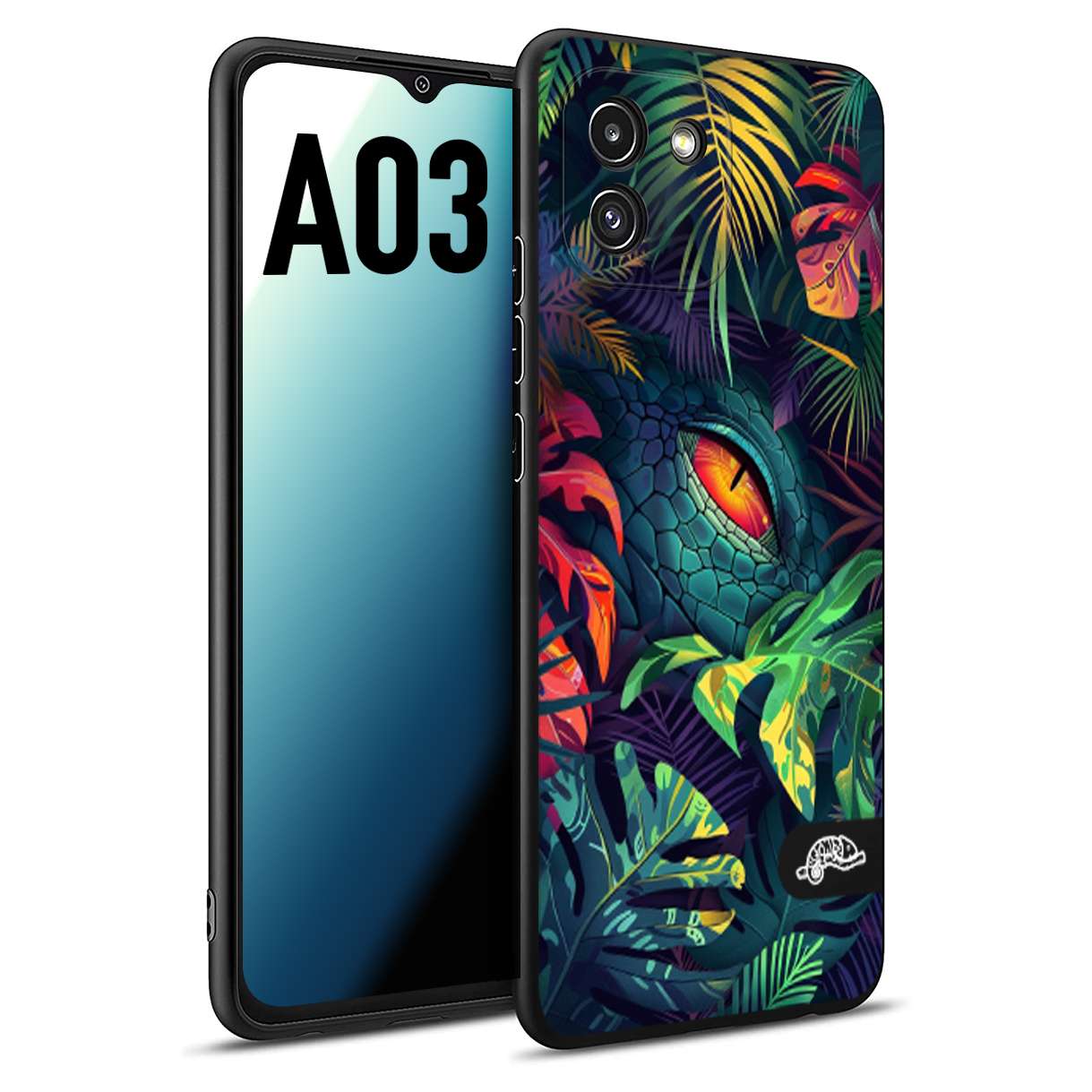 CUSTOMIZZA - Custodia cover nera morbida in tpu compatibile per Samsung A03 animali color giungla tropicale occhio di coccodrillo alligatore disegnato