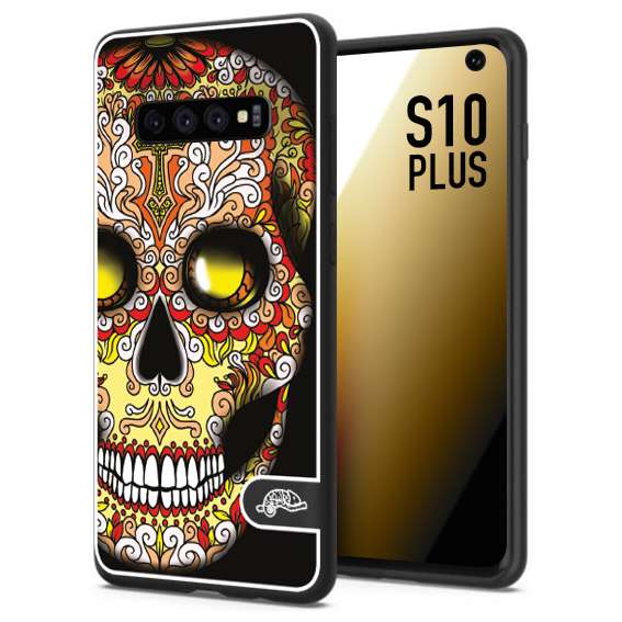 CUSTOMIZZA - Custodia cover nera morbida in tpu compatibile per Samsung S10 PLUS teschio messicano Mexican skull giallo rosso arancio