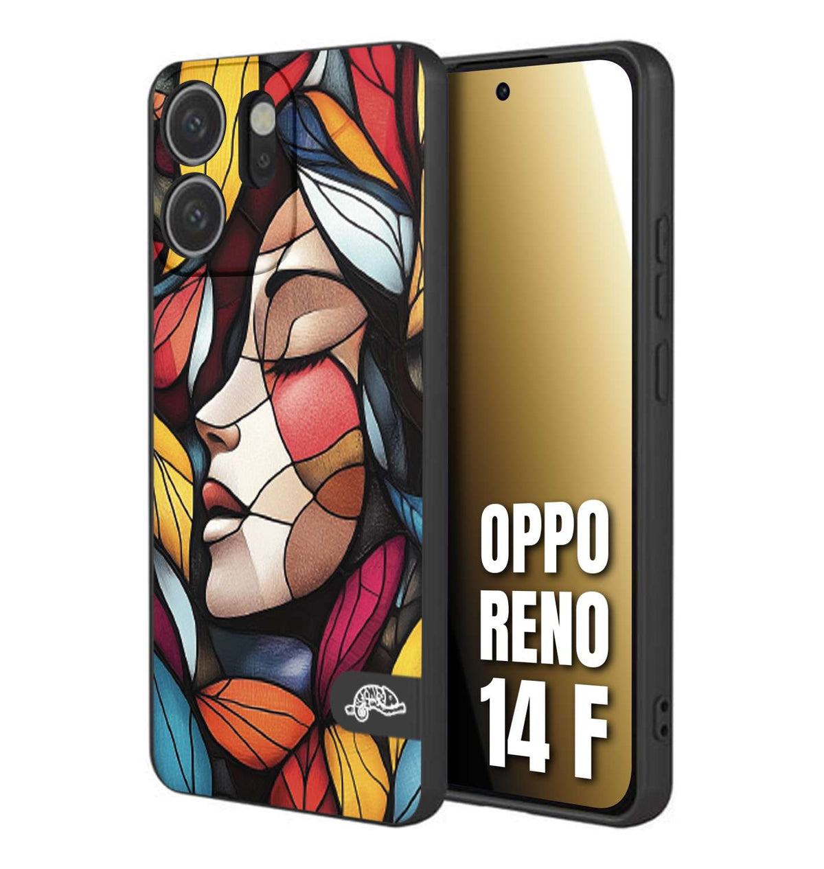 CUSTOMIZZA - Custodia cover nera morbida in tpu compatibile per Oppo Reno 14 F Vetrata artistica volto di donna profilo fogliare mosaico di vetro colorato