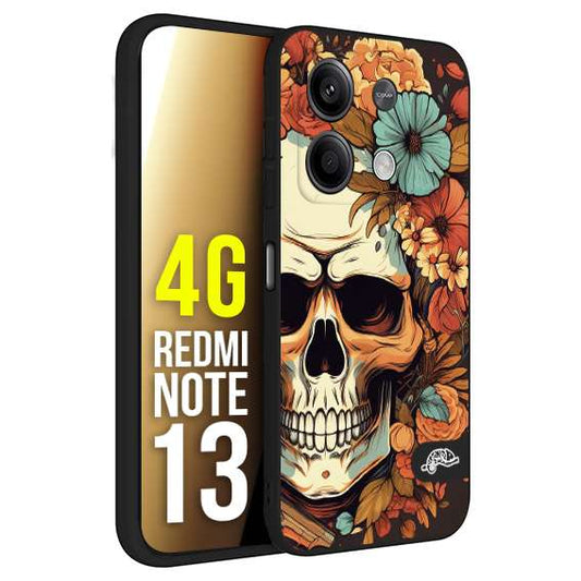 CUSTOMIZZA - Custodia cover nera morbida in tpu compatibile per Xiaomi Redmi Note 13 4G teschio skull flowers fiori autunnali arancio celeste tattoo