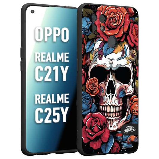 CUSTOMIZZA - Custodia cover nera morbida in tpu compatibile per Realme C21Y - C25Y teschio skull flowers fiori rose rosse tattoo disegnato