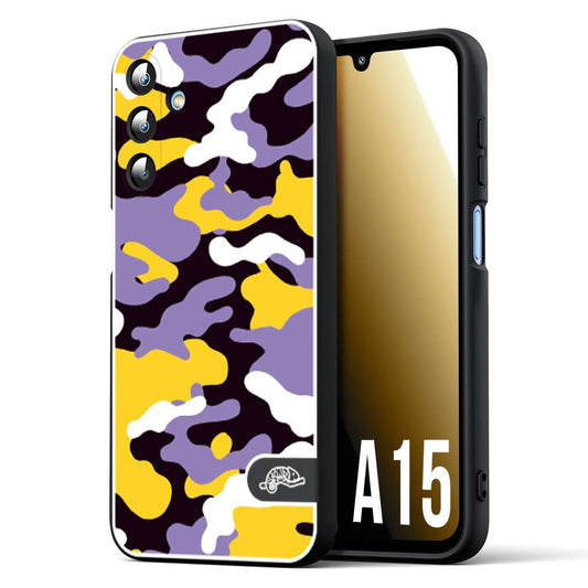 CUSTOMIZZA - Custodia cover nera morbida in tpu compatibile per Samsung A15 5G camouflage mimetico militare viola lilla giallo