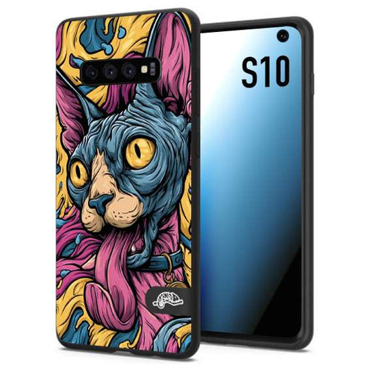 CUSTOMIZZA - Custodia cover nera morbida in tpu compatibile per Samsung S10 Sphynx Colorato Pop Art Psichedelico Gatto Blu Rosa Giallo Artistica Fantasy