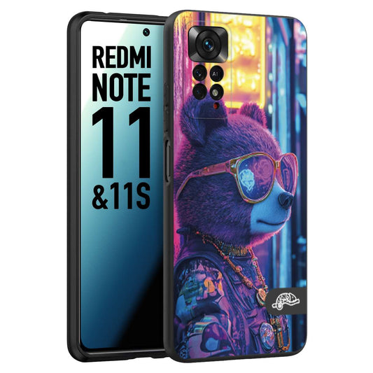 CUSTOMIZZA - Custodia cover nera morbida in tpu compatibile per Xiaomi Redmi Note 11 -  Note 11S animali cyberpunk orsetto orso street bear fucsia blu night