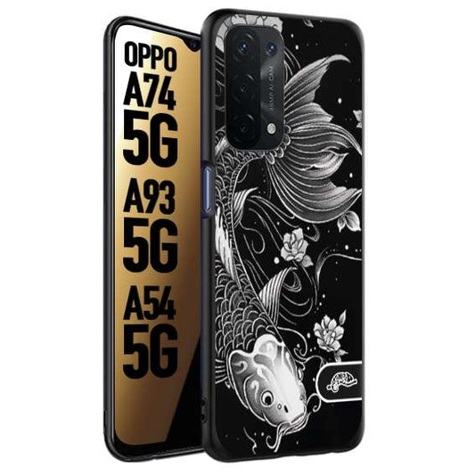 CUSTOMIZZA - Custodia cover nera morbida in tpu compatibile per Oppo A74 5G - A93 5G - A54 5G carpa koi black and white bianco a rilievo disegnato tattoo tatuaggio