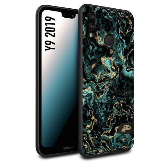 CUSTOMIZZA - Custodia cover nera morbida in tpu compatibile per Huawei Y9 2019 effetto marmo marble verde green venature dorato pietra