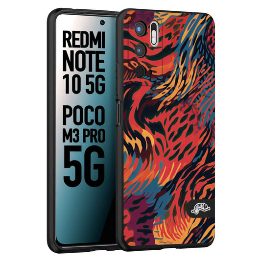 CUSTOMIZZA - Custodia cover nera morbida in tpu compatibile per Xiaomi Redmi Note 10 5G - Poco M3 Pro 5G leopardato maculato tigrato colorata fiamme rossa blu arancione