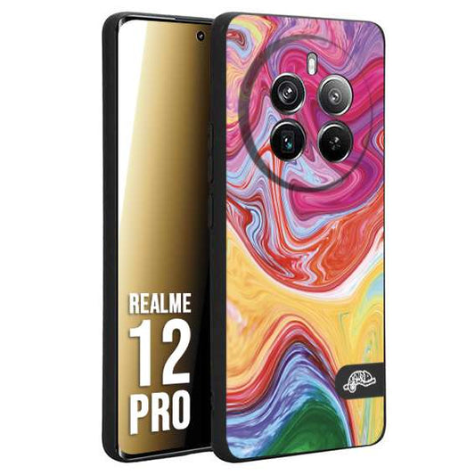 CUSTOMIZZA - Custodia cover nera morbida in tpu compatibile per Realme 12 PRO colorata fantasia vortice marmo onde verde fucsia gialla