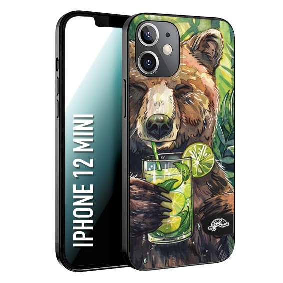 CUSTOMIZZA - Custodia cover nera morbida in tpu compatibile per iPhone 12 MINI estate disegnata cocktails animali simpatici orso bear negroni