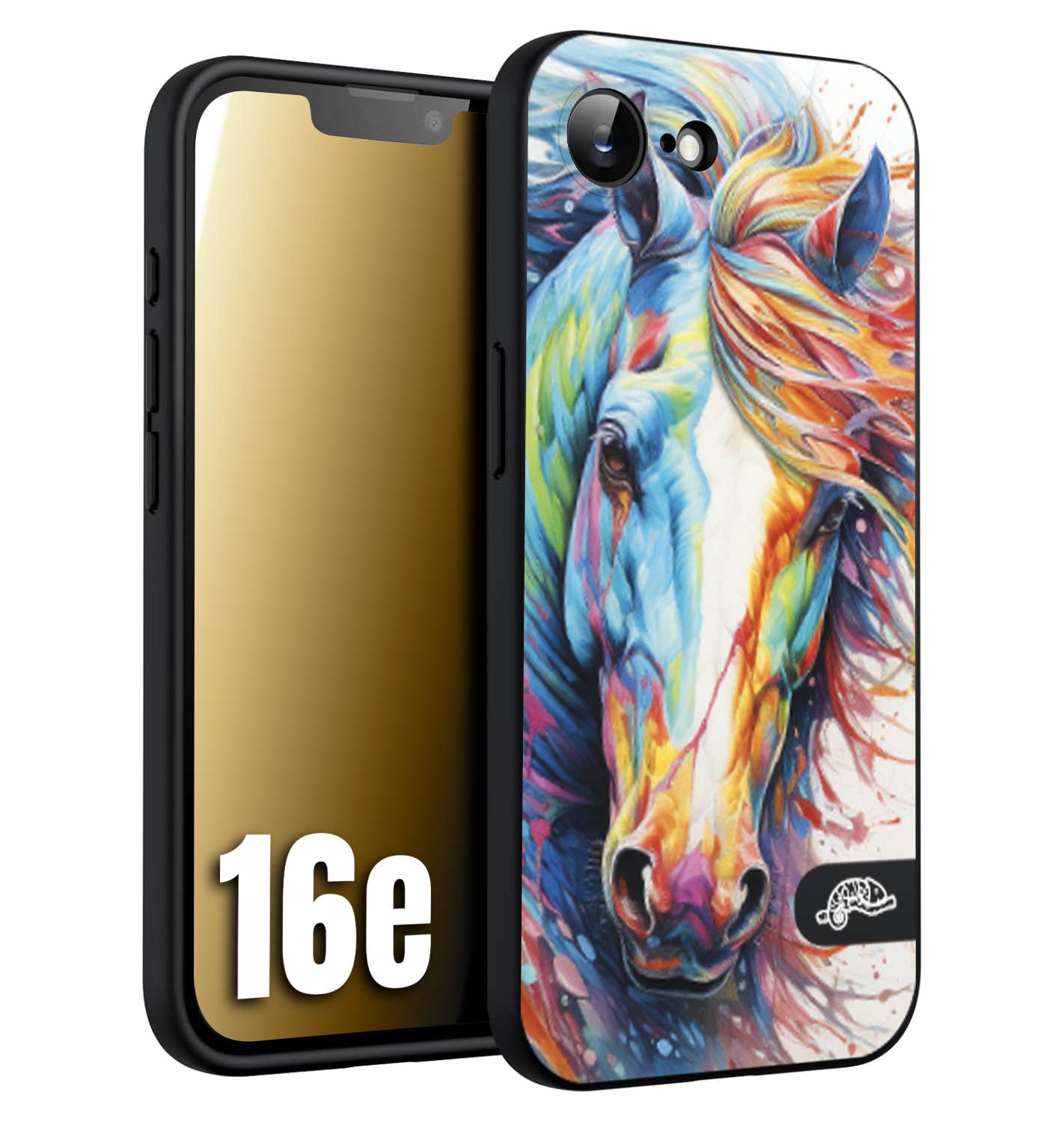 CUSTOMIZZA - Custodia cover nera morbida in tpu compatibile per iPhone 16E animali color cavallo horse viso colori vibranti disegnato schizzo