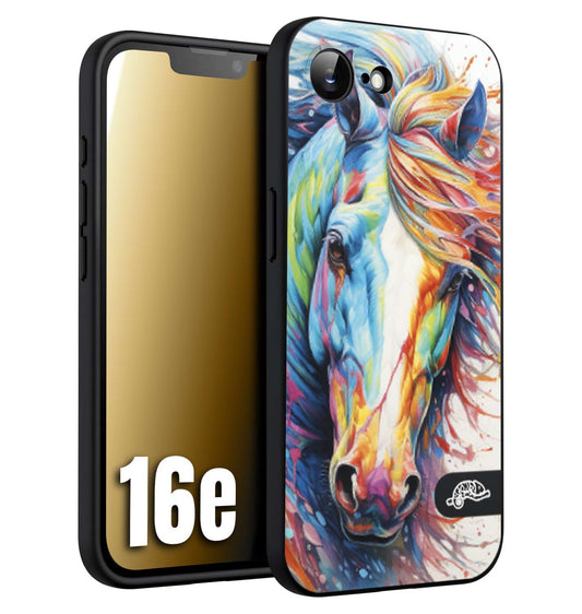 CUSTOMIZZA - Custodia cover nera morbida in tpu compatibile per iPhone 16E animali color cavallo horse viso colori vibranti disegnato schizzo