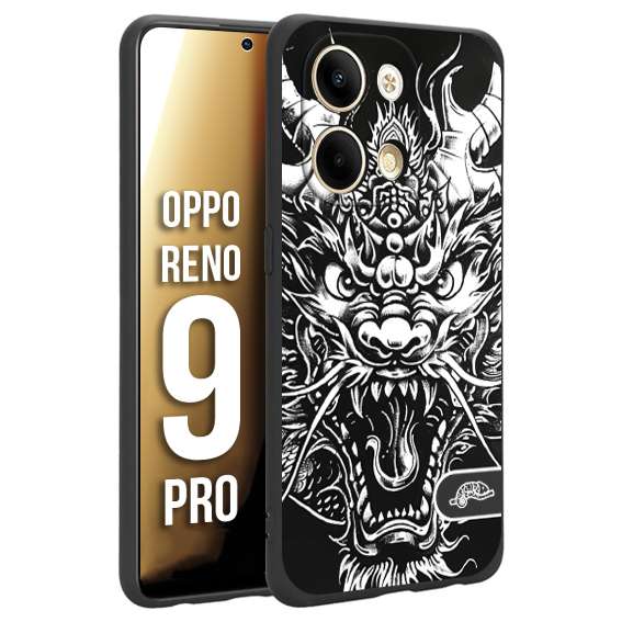 CUSTOMIZZA - Custodia cover nera morbida in tpu compatibile per Oppo Reno 9 PRO drago black and white bianco a rilievo disegnato tattoo tatuaggio