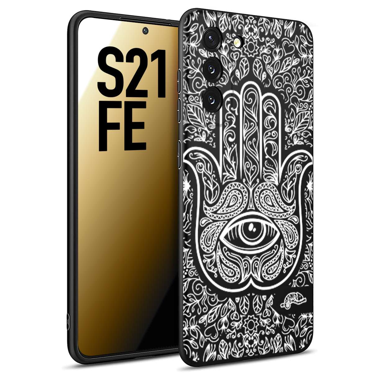 CUSTOMIZZA - Custodia cover nera morbida in tpu compatibile per Samsung S21 FE mano di fatima effetto rilievo mandala donna