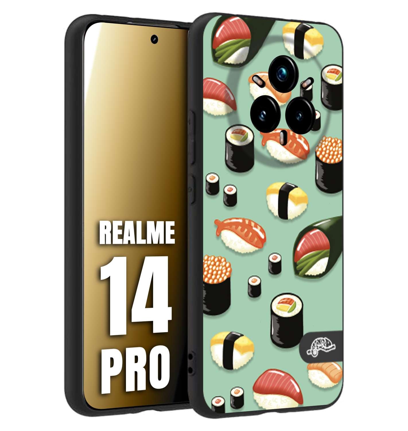 CUSTOMIZZA - Custodia cover nera morbida in tpu compatibile per Realme 14 PRO sushi disegni giapponese nighiri acquamarina verde