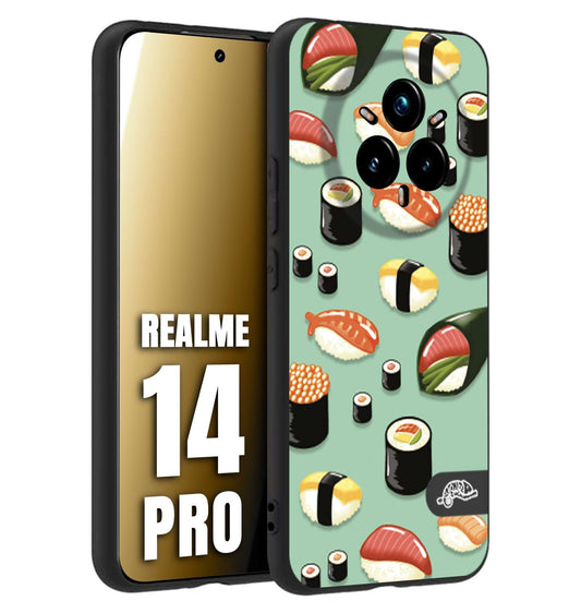 CUSTOMIZZA - Custodia cover nera morbida in tpu compatibile per Realme 14 PRO sushi disegni giapponese nighiri acquamarina verde