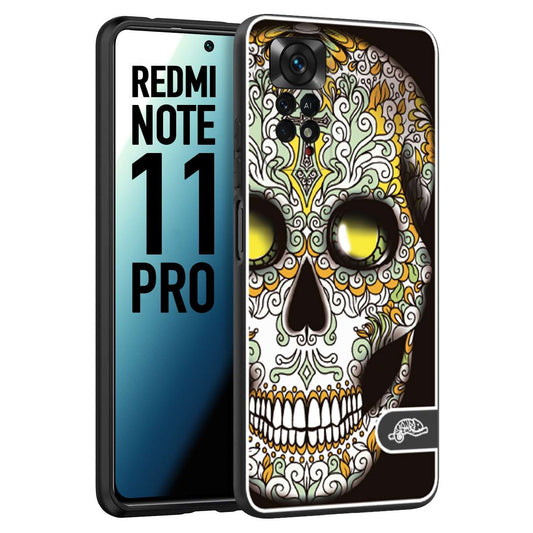 CUSTOMIZZA - Custodia cover nera morbida in tpu compatibile per Xiaomi Redmi Note 11 PRO teschio messicano Mexican skull bianco verde giallo