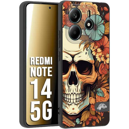 CUSTOMIZZA - Custodia cover nera morbida in tpu compatibile per Xiaomi Redmi Note 14 5G teschio skull flowers fiori autunnali arancio celeste tattoo