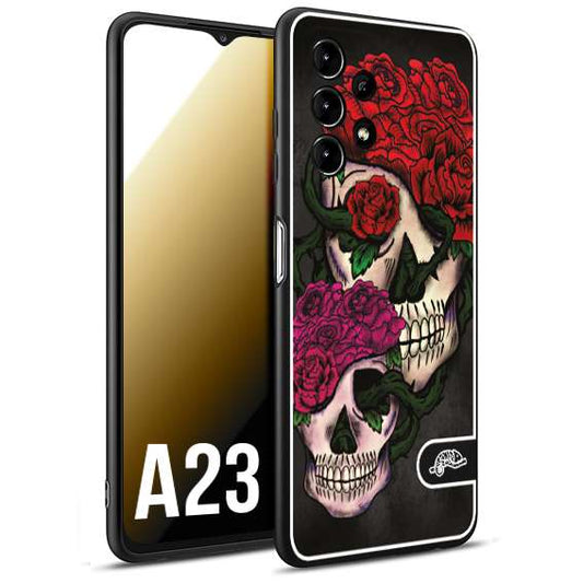 CUSTOMIZZA - Custodia cover nera morbida in tpu compatibile per Samsung A23 teschi e rose rosse fucsia skull and roses