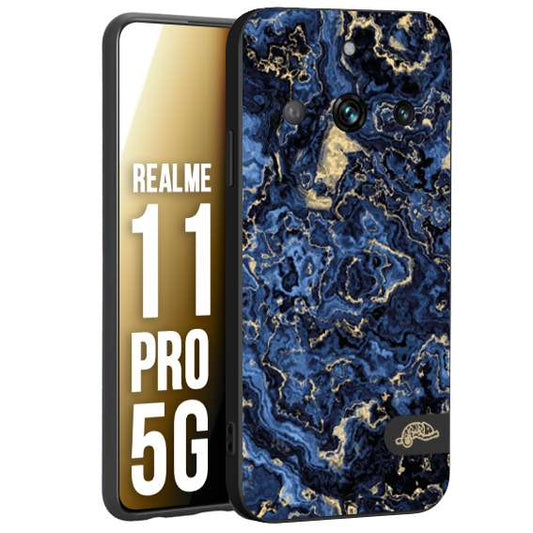 CUSTOMIZZA - Custodia cover nera morbida in tpu compatibile per Realme 11 PRO 5G effetto marmo marble blu venature dorato psichedelico