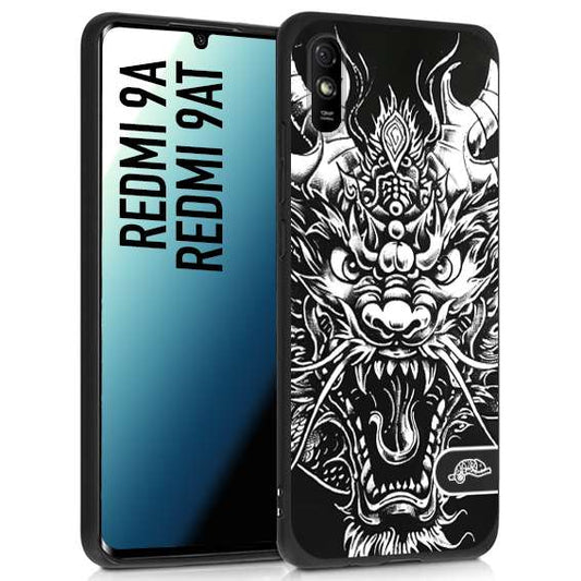 CUSTOMIZZA - Custodia cover nera morbida in tpu compatibile per Xiaomi Redmi 9A - 9AT drago black and white bianco a rilievo disegnato tattoo tatuaggio