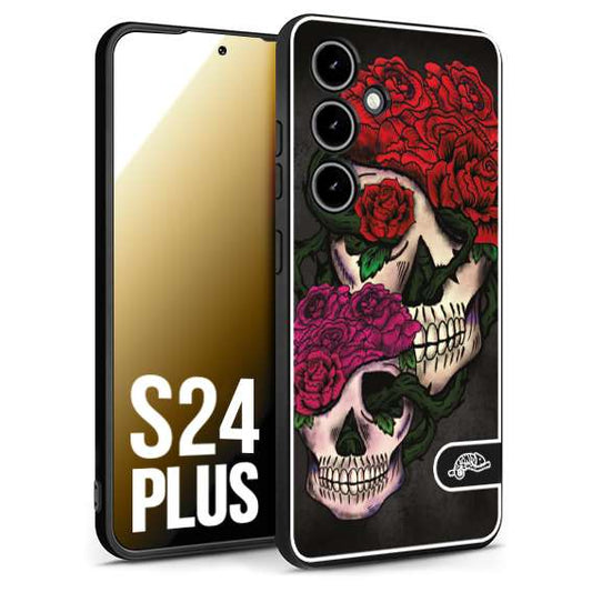 CUSTOMIZZA - Custodia cover nera morbida in tpu compatibile per Samsung S24 PLUS teschi e rose rosse fucsia skull and roses