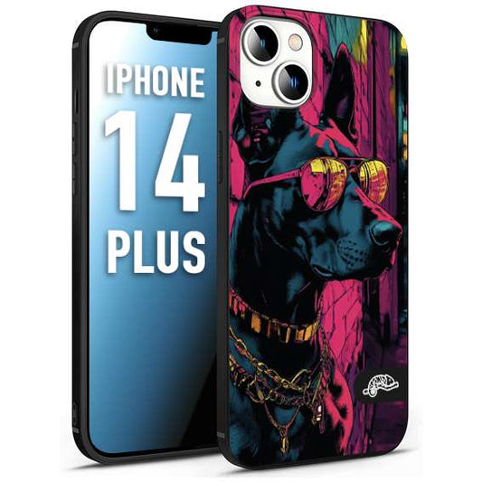 CUSTOMIZZA - Custodia cover nera morbida in tpu compatibile per iPhone 14 PLUS animali cyberpunk dobermann cane street dog fucsia blu