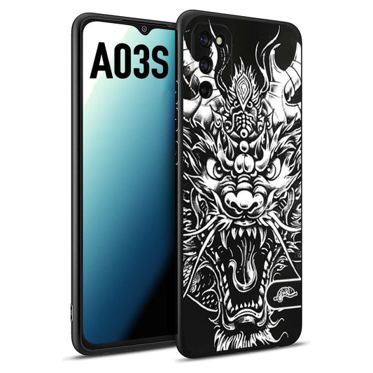 CUSTOMIZZA - Custodia cover nera morbida in tpu compatibile per Samsung A03S drago black and white bianco a rilievo disegnato tattoo tatuaggio