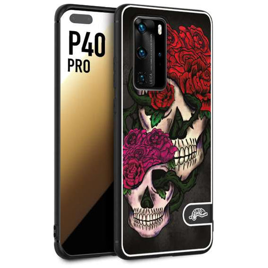 CUSTOMIZZA - Custodia cover nera morbida in tpu compatibile per Huawei P40 PRO teschi e rose rosse fucsia skull and roses