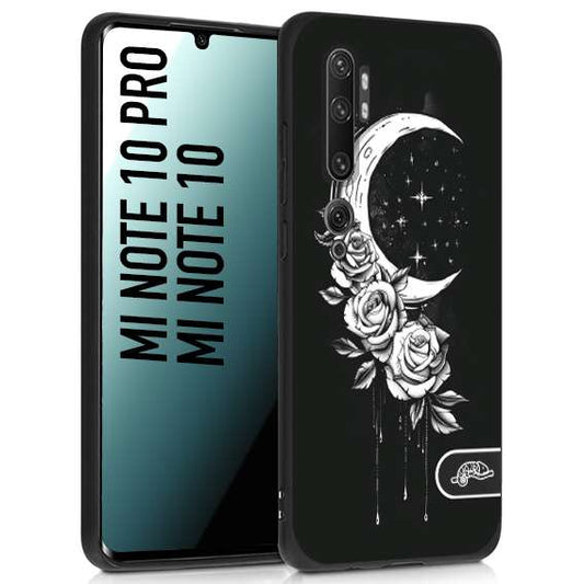 CUSTOMIZZA - Custodia cover nera morbida in tpu compatibile per Xiaomi Mi Note 10 - Mi Note 10 Pro luna e fiori moon flowers black and white bianco a rilievo disegnato tattoo tatuaggio