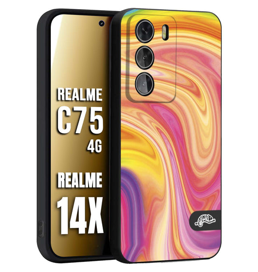 CUSTOMIZZA - Custodia cover nera morbida in tpu compatibile per Realme 14X - C75 4G colorata fantasia vortice marmo onde rosa fucsia gialla