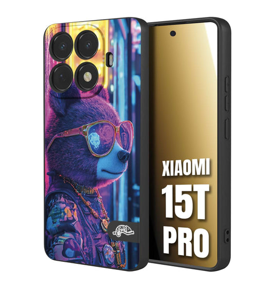 CUSTOMIZZA - Custodia cover nera morbida in tpu compatibile per Xiaomi 15T PRO animali cyberpunk orsetto orso street bear fucsia blu night