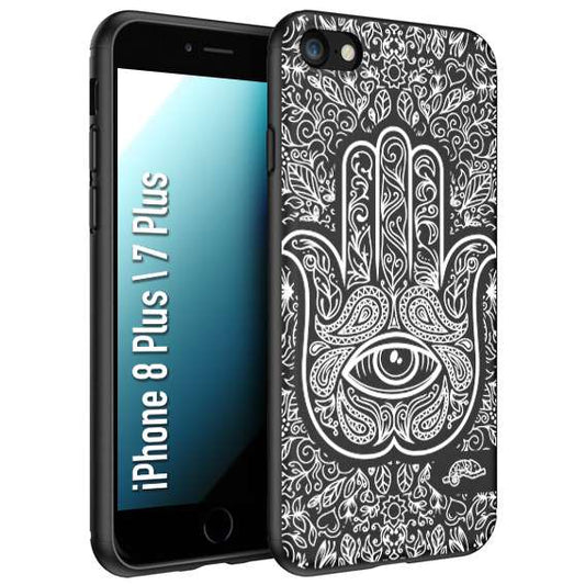 CUSTOMIZZA - Custodia cover nera morbida in tpu compatibile per iPhone 7 Plus - 8 plus mano di fatima effetto rilievo mandala donna