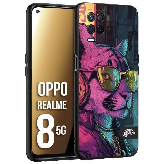 CUSTOMIZZA - Custodia cover nera morbida in tpu compatibile per Realme 8 5G animali cyberpunk pantera street cat fucsia blu giallo
