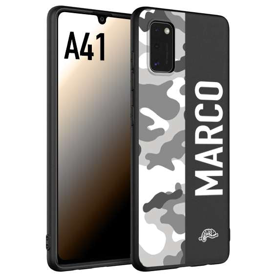 CUSTOMIZZA - Custodia cover nera morbida in tpu compatibile per Samsung A41 camouflage mimetico militare personalizzata nome bianco