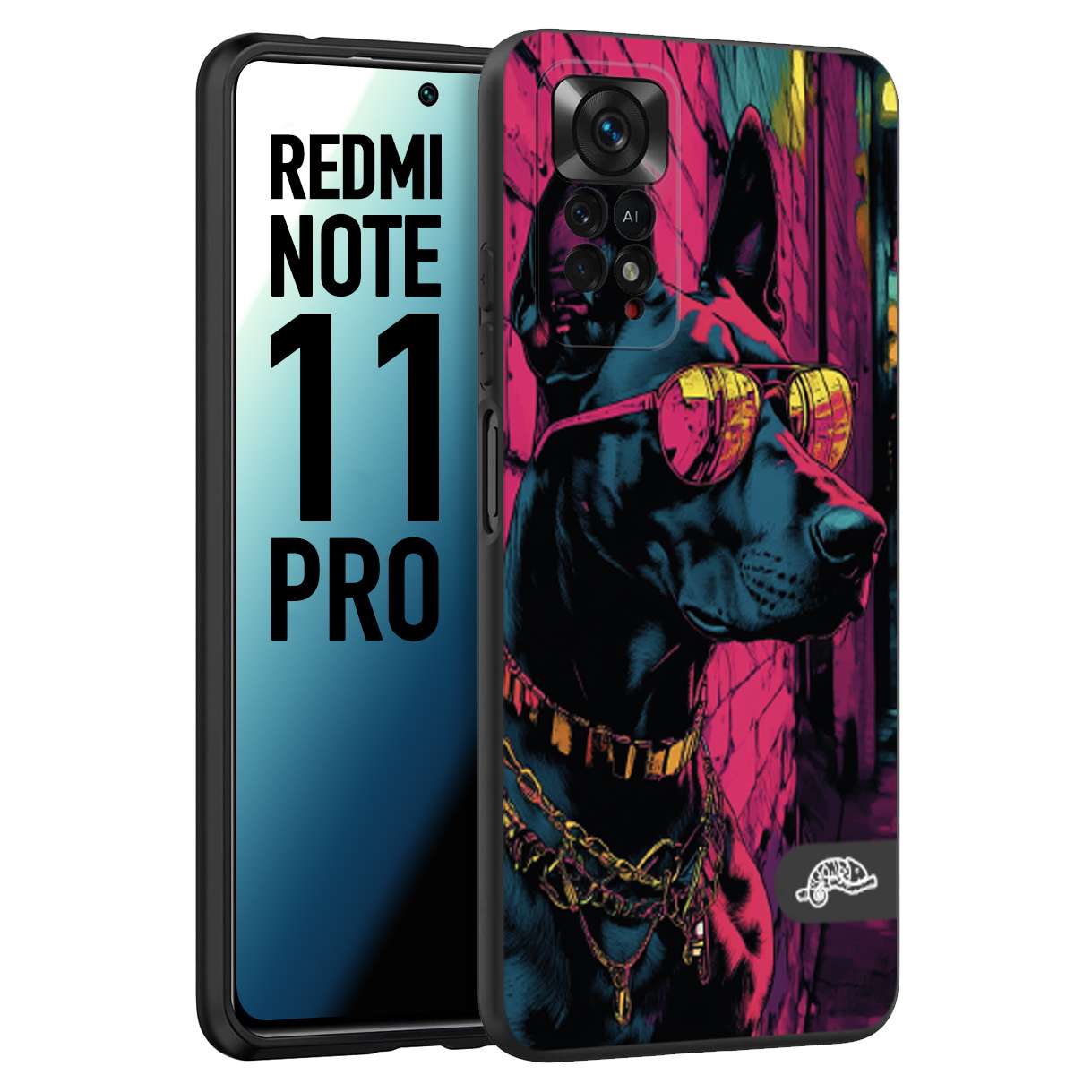 CUSTOMIZZA - Custodia cover nera morbida in tpu compatibile per Xiaomi Redmi Note 11 PRO animali cyberpunk dobermann cane street dog fucsia blu