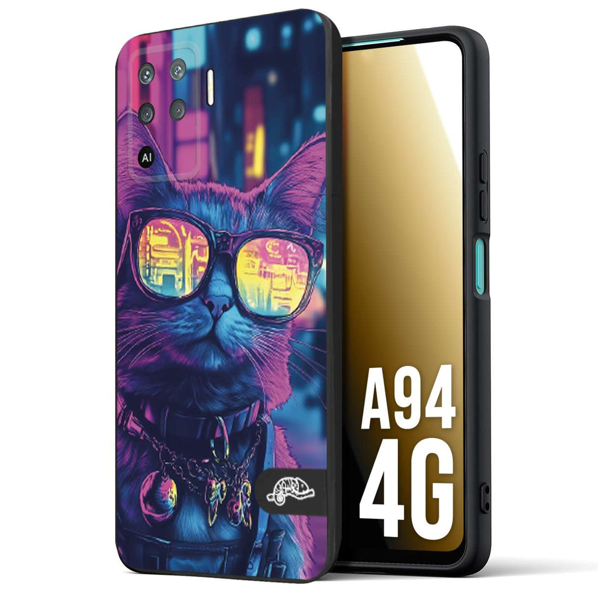 CUSTOMIZZA - Custodia cover nera morbida in tpu compatibile per Oppo A94 4G animali cyberpunk gatto street cat fucsia blu giallo
