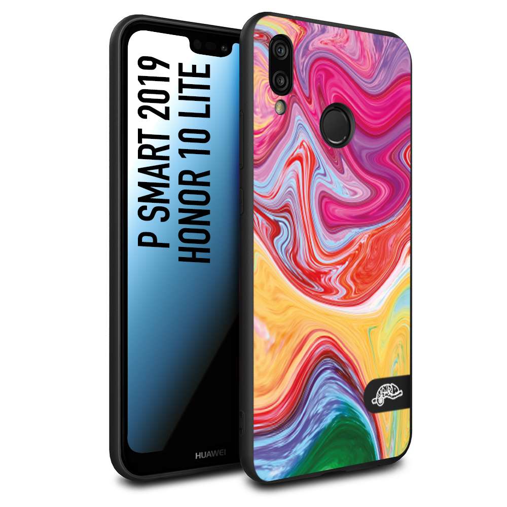 CUSTOMIZZA - Custodia cover nera morbida in tpu compatibile per Huawei P Smart 2019 colorata fantasia vortice marmo onde verde fucsia gialla