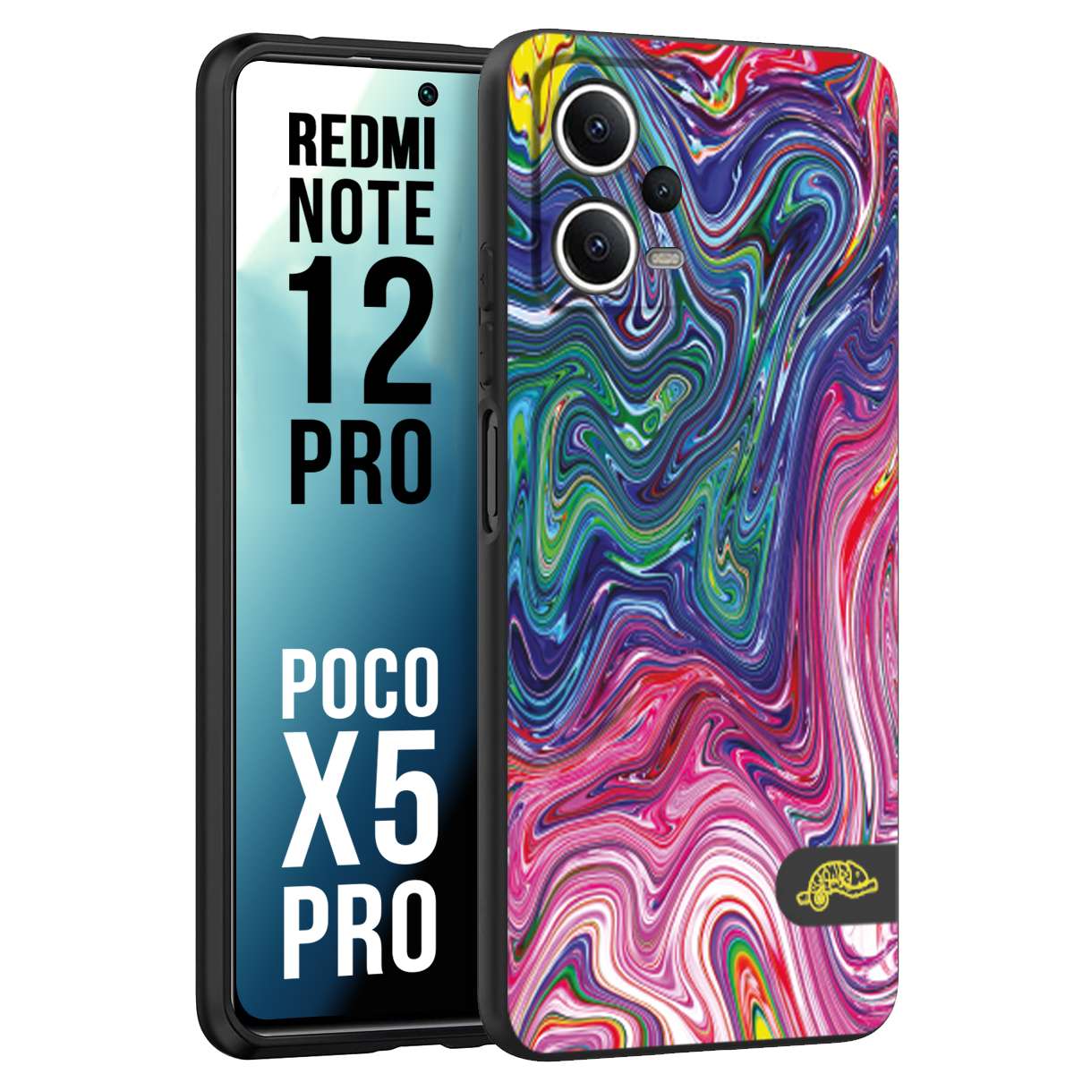 CUSTOMIZZA - Custodia cover nera morbida in tpu compatibile per Xiaomi Redmi Note 12 PRO - POCO X5 PRO colorata fantasia vortice marmo arcobaleno rosa blu fucsia