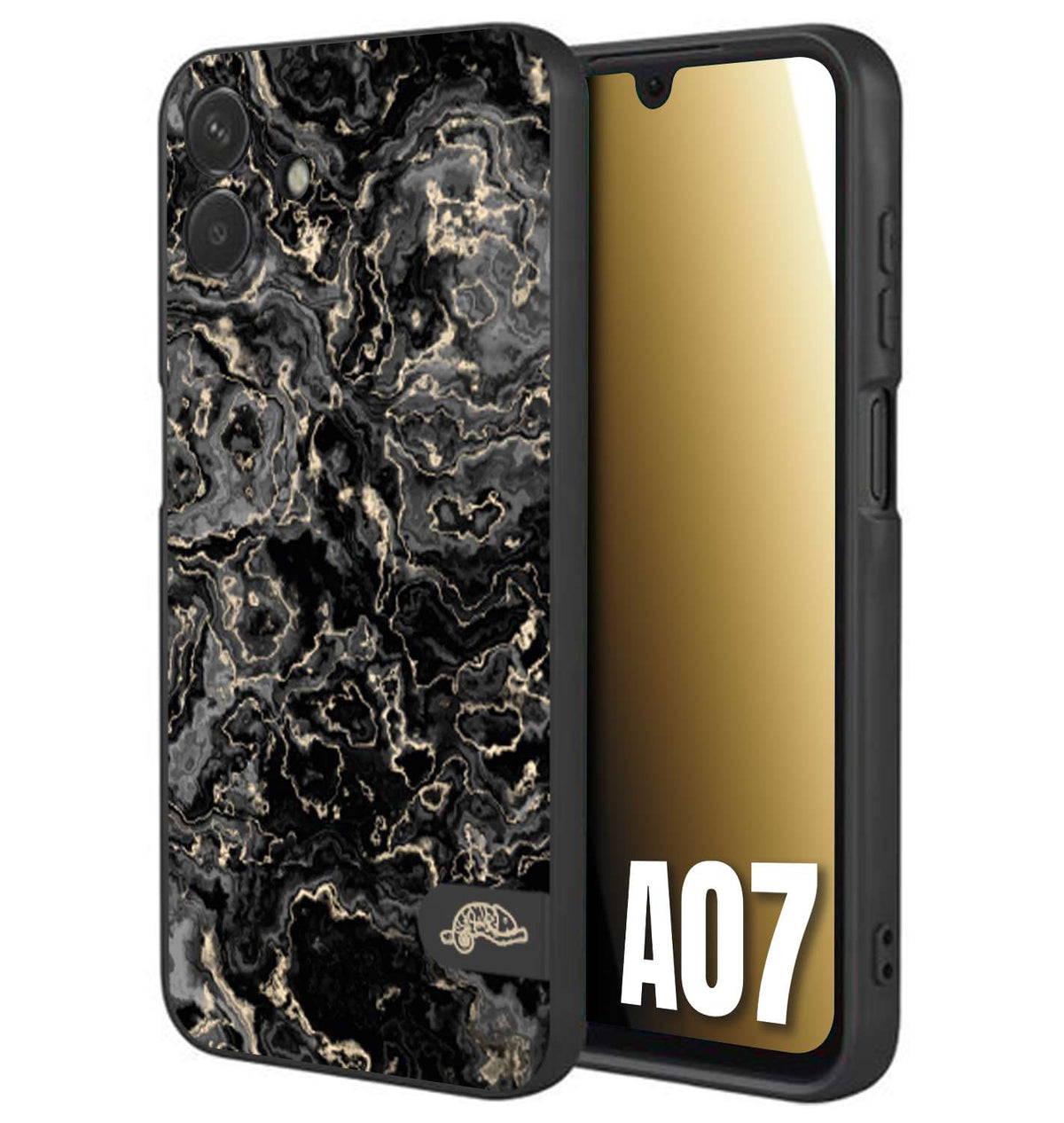CUSTOMIZZA - Custodia cover nera morbida in tpu compatibile per Samsung A07 effetto marmo marble nero black venature dorato pietra