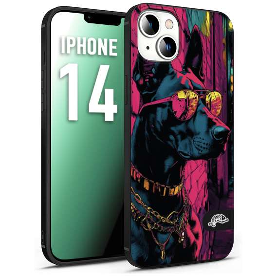 CUSTOMIZZA - Custodia cover nera morbida in tpu compatibile per iPhone 14 animali cyberpunk dobermann cane street dog fucsia blu