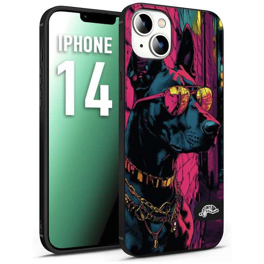 CUSTOMIZZA - Custodia cover nera morbida in tpu compatibile per iPhone 14 animali cyberpunk dobermann cane street dog fucsia blu