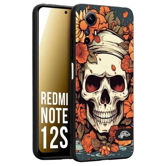 CUSTOMIZZA - Custodia cover nera morbida in tpu compatibile per Xiaomi Redmi Note 12S teschio skull flowers fiori tattoo disegnato alta definizione