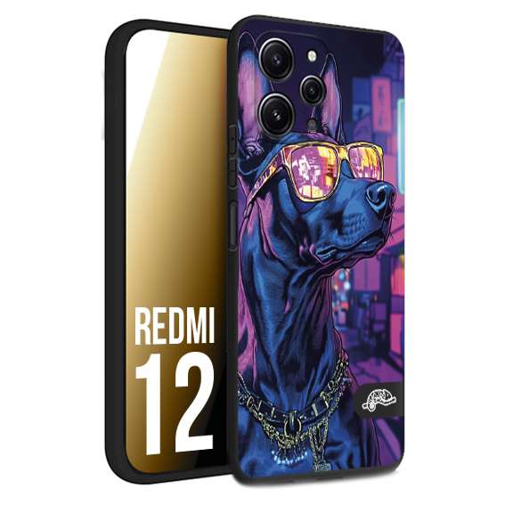 CUSTOMIZZA - Custodia cover nera morbida in tpu compatibile per Xiaomi Redmi 12 animali cyberpunk dobermann cane street dog fucsia blu night