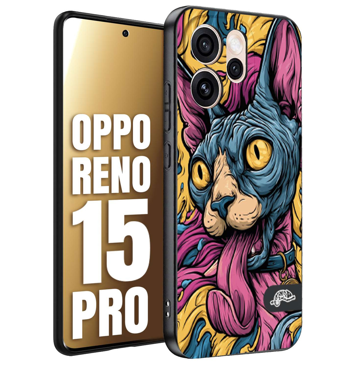CUSTOMIZZA - Custodia cover nera morbida in tpu compatibile per Oppo Reno 15 PRO Sphynx Colorato Pop Art Psichedelico Gatto Blu Rosa Giallo Artistica Fantasy