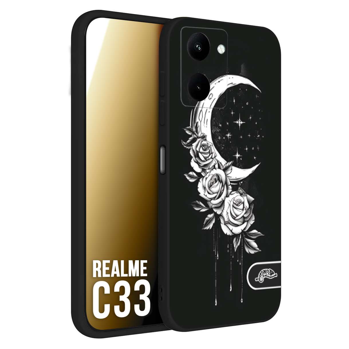 CUSTOMIZZA - Custodia cover nera morbida in tpu compatibile per Oppo Realme C33 luna e fiori moon flowers black and white bianco a rilievo disegnato tattoo tatuaggio