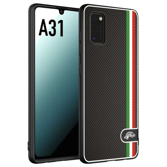 CUSTOMIZZA - Custodia cover nera morbida in tpu compatibile per Samsung A31 effetto fibra di carbonio bandiera Italia made in Italy